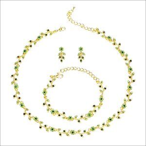 Crystal Flower Leaf Cluster Bridal Jewelry Set with Necklace Bracelet Earrings